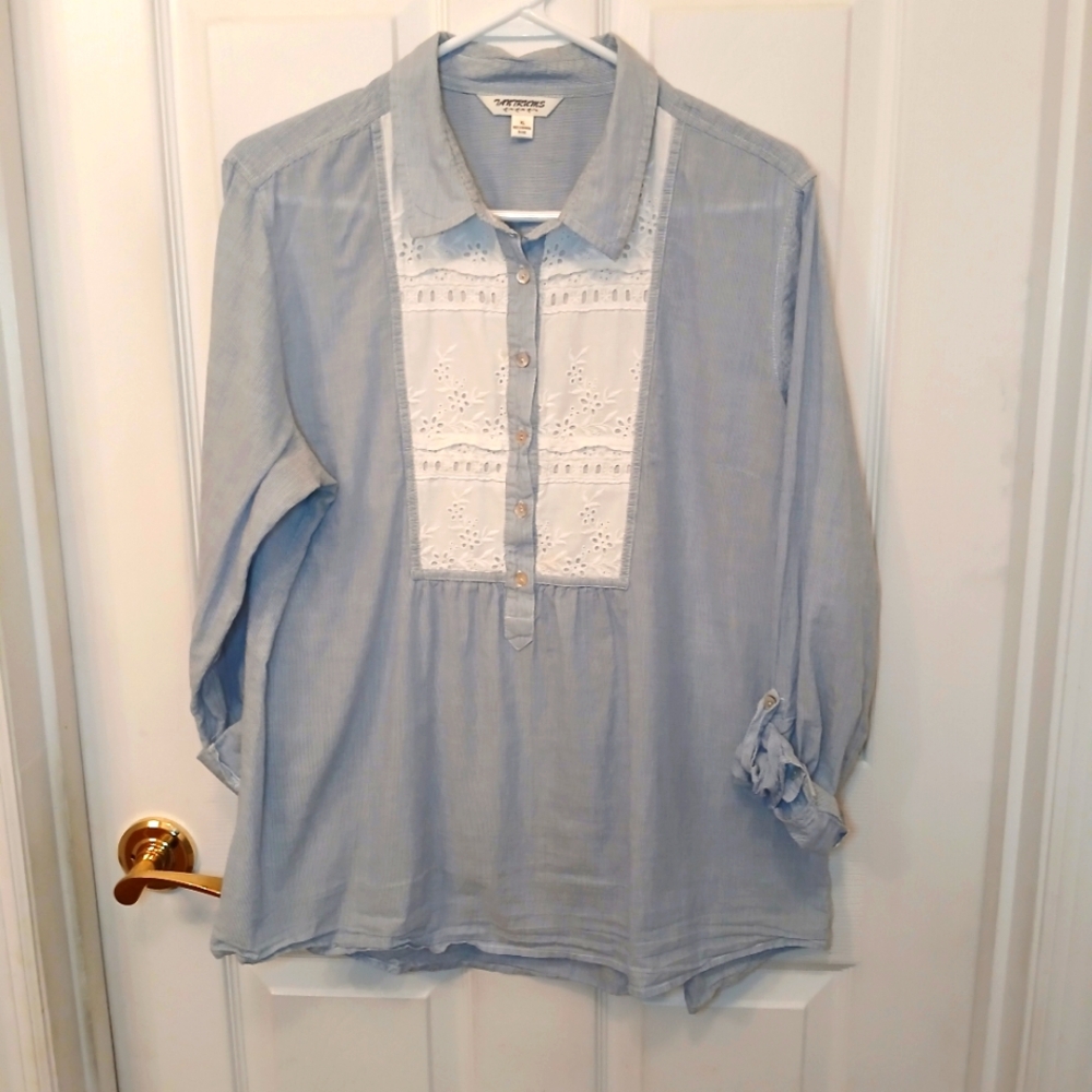 EUC Tantrums Blouse Top Women's Size XL Blue with White Pinstripe